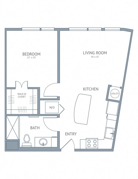 Floor plan for 1 bed, 1 bath, 652 sqft